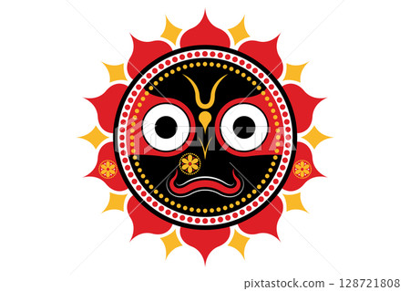 Lord Jagannath, Hindu supreme god of the Universe, sun motif. Rathyatra Festival, Jagannatha idol Perfect for spiritual, cultural or devotional artwork and decor Indian traditions, vector isolated Lord Jagannath, Hindu supreme god of the Universe, sun motif. Rathyatra Festival, Jagannatha idol Perfect for spiritual, cultural or devotional artwork and decor Indian traditions, vector isolated 128721808