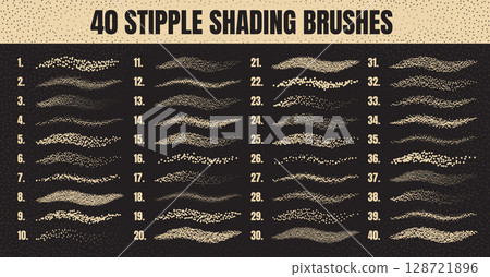 Ink scatter brush, stipple drawing and texturing. Fading gradient. Stippling, dotwork drawing, shading using dots. Halftone disintegration effect. White noise grainy texture. Vector illustration 128721896