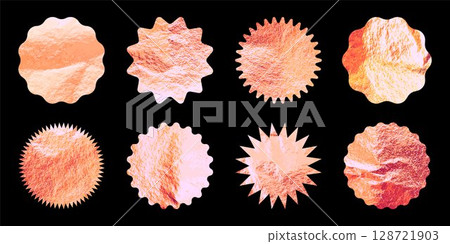 Rose gold stars, sunburst symbols. Shiny gold foil. Vintage sunbeam symbols. Shopping labels, sale sticker, quality mark. Modern art. Wedding, greeting card decoration elements. Vector illustration Rose gold stars, sunburst symbols. Shiny gold foil. Vintage sunbeam symbols. Shopping labels, sale sticker, quality mark. Modern art. Wedding, greeting card decoration elements. Vector illustration 128721903