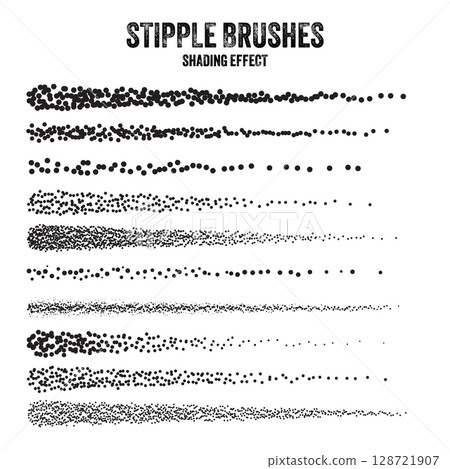 Ink scatter brush, stipple drawing and texturing. Fading gradient. Stippling, dotwork drawing, shading using dots. Halftone disintegration effect. White noise grainy texture. Vector illustration Ink scatter brush, stipple drawing and texturing. Fading gradient. Stippling, dotwork drawing, shading using dots. Halftone disintegration effect. White noise grainy texture. Vector illustration 128721907