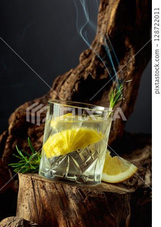 Cocktail gin and tonic with lemon slices and sprig of rosemary. Cocktail gin and tonic with lemon slices and sprig of rosemary. 128722011