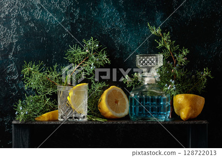 Cocktail gin-tonic with ice, lemon, and rosemary in a frozen glass. 128722013