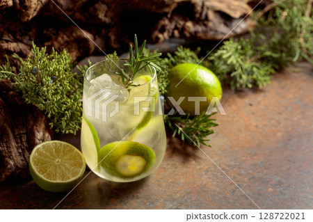 Refreshing hard seltzer with ice, lime, and rosemary. 128722021