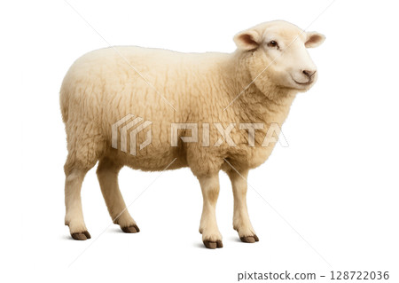 Sheep Standing on a White Background in a Calm and Serene Posture During Daylight 128722036