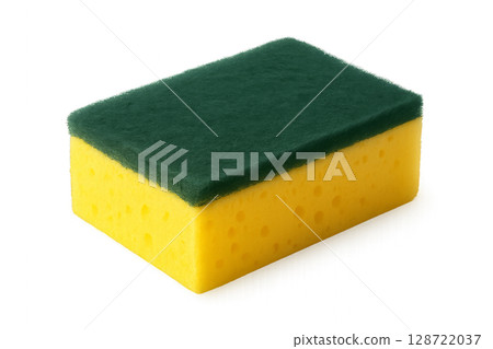 Yellow Kitchen Sponge With Green Scouring Pad for Versatile Cleaning Tasks in Home Kitchens 128722037