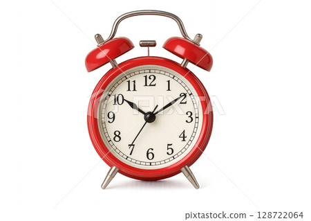 Classic Red Alarm Clock Showing Time Close to Midnight With Vintage Design Elements 128722064