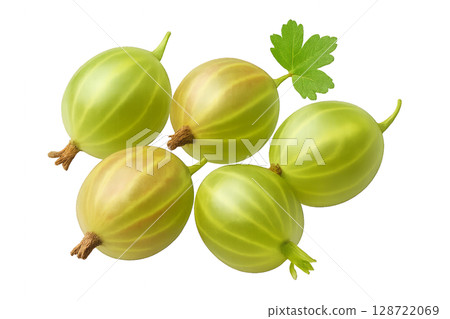 Fresh Green Gooseberries on a White Background Ready for Cooking or Snacking 128722069
