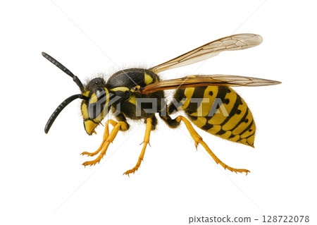 Close-up View of a Yellow and Black Wasp Showing Intricate Details of Its Body and Wings 128722078