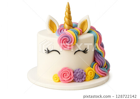 Colorful Unicorn Cake With Decorative Icing Flowers for a Festive Celebration Colorful Unicorn Cake With Decorative Icing Flowers for a Festive Celebration 128722142