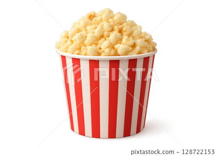 Freshly Popped Popcorn in a Striped Container Ready for Movie Night 128722153
