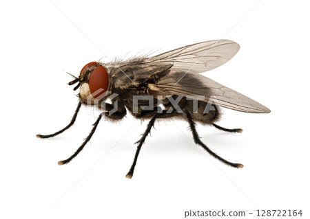 Detailed Close-Up of a Housefly Showcasing Eyes and Wings Under Bright Lighting Conditions 128722164