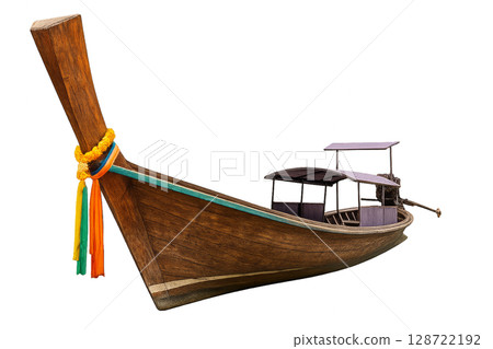 Wooden Longtail Boat in Traditional Design Used for Transport on Tropical Waters 128722192