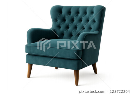 Elegant Tufted Armchair in Teal Fabric With Wooden Legs in a Minimalist Setting 128722204