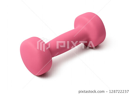Bright Pink Dumbbell Lying on a White Surface for Fitness and Exercise Routines 128722237