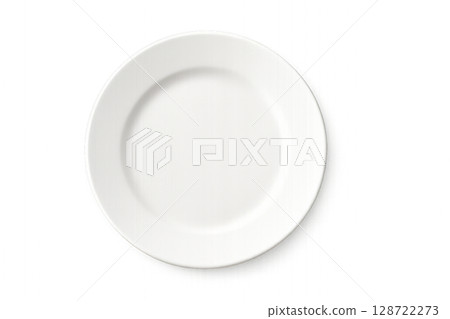 Empty White Plate on a Plain Background Ready for a Culinary Presentation 128722273