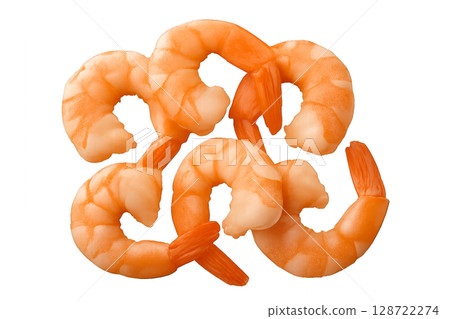 Fresh Cooked Shrimp Arranged Attractively on a White Background for Culinary Presentation Fresh Cooked Shrimp Arranged Attractively on a White Background for Culinary Presentation 128722274