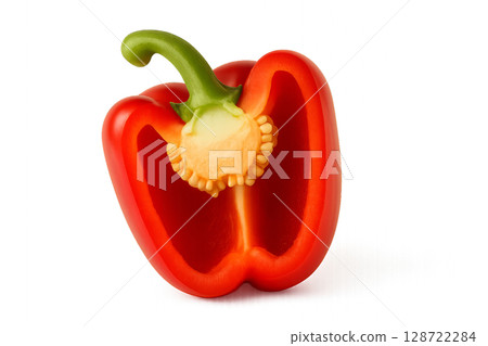 Vibrant Red Bell Pepper Cut in Half Showing Seeds and Inner Details in a Bright Setting 128722284