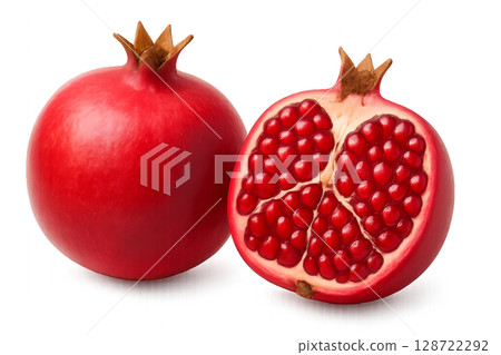 Pomegranate With Vibrant Red Skin and Juicy Seeds Exposed on White Background 128722292