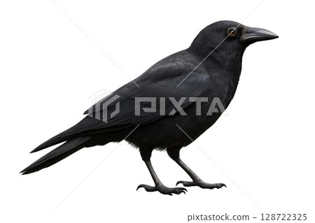 Detailed View of a Raven Standing on the Ground With Glossy Black Feathers in a Natural Setting 128722325