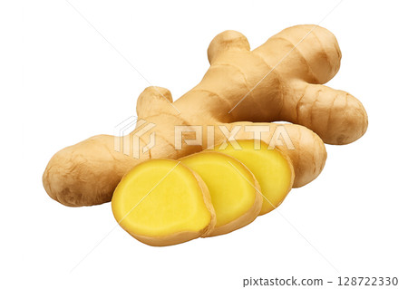 Fresh Ginger Root and Sliced Pieces on a White Background Ready for Culinary Use 128722330