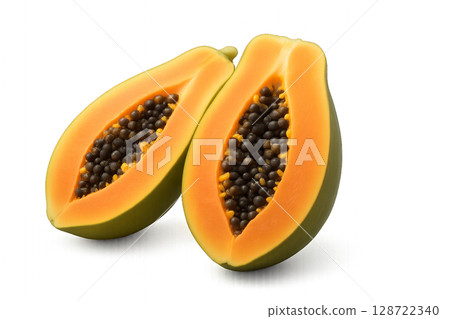 Freshly Cut Papaya Halves Reveal Vibrant Orange Flesh and Dark Seeds on White Background 128722340