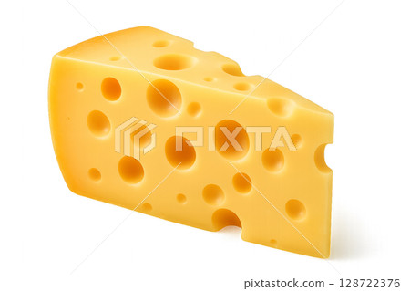 Cheese Wedge With Holes on a White Background Perfect for Culinary Presentations Cheese Wedge With Holes on a White Background Perfect for Culinary Presentations 128722376