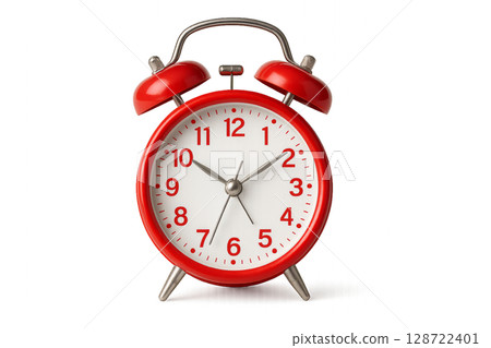 Vintage Red Alarm Clock With Bells on Top Showing Time at Three Oclock 128722401