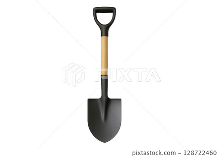 Black Shovel With Wooden Handle on a White Background Ready for Gardening Tasks 128722460