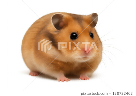 Cute Golden Hamster Sitting on a White Surface During Daytime in a Cozy Indoor Setting 128722462