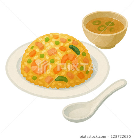 中式炒飯和湯的水彩插圖（有勺子，可剪下） 128722620