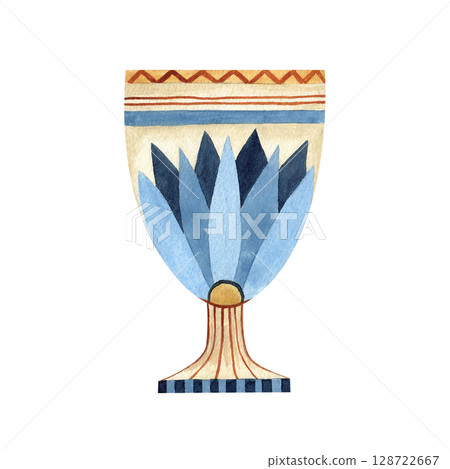 Vase bowl with lotus, ancient ornament. Ethnic patterns, ornate. Watercolor illustration isolated from background. Culture concept for souvenir, postcard, composition design, Egyptian, Persian style 128722667