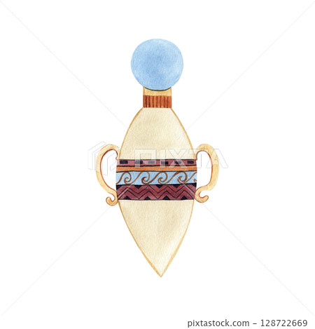 Ancient vessel with ethnic ornament, sphere cover. Vase, bottle watercolor illustration isolated from background. Culture concept for souvenir, postcard, composition design, Egyptian, Persian style Ancient vessel with ethnic ornament, sphere cover. Vase, bottle watercolor illustration isolated from background. Culture concept for souvenir, postcard, composition design, Egyptian, Persian style 128722669