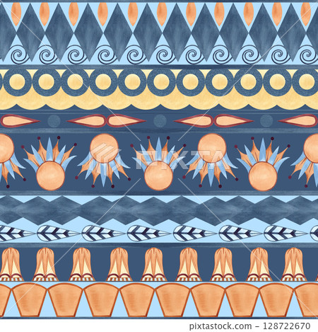Ethnic ornament seamless pattern, folklore geometric shapes. Abstract sacred lotus. Colorful watercolor illustration isolated on blue background. For Indigenous people day, textile, packaging, decor Ethnic ornament seamless pattern, folklore geometric shapes. Abstract sacred lotus. Colorful watercolor illustration isolated on blue background. For Indigenous people day, textile, packaging, decor 128722670