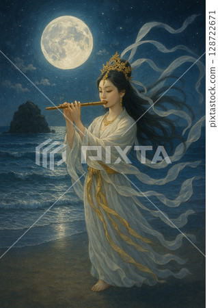 海灘上吹笛子的女神 128722671