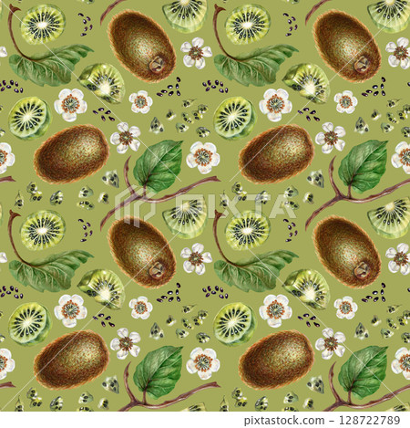 Ripe kiwi with brown skin, halves of fruit with bright green pulp and seeds. Watercolor seamless pattern on green background for design of jams, drinks, food, children's and kitchen textiles. Ripe kiwi with brown skin, halves of fruit with bright green pulp and seeds. Watercolor seamless pattern on green background for design of jams, drinks, food, children's and kitchen textiles. 128722789