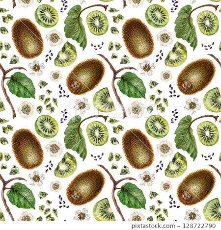 Ripe kiwi with brown skin, halves of fruit with bright green pulp and seeds. Watercolor seamless pattern on white background for design of jams, drinks, food, children's and kitchen textiles. Ripe kiwi with brown skin, halves of fruit with bright green pulp and seeds. Watercolor seamless pattern on white background for design of jams, drinks, food, children's and kitchen textiles. 128722790