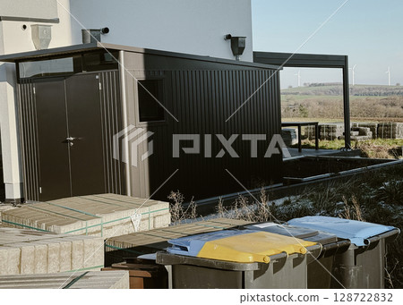 Modern Outdoor Storage Shed with Recycling Bins Modern Outdoor Storage Shed with Recycling Bins 128722832