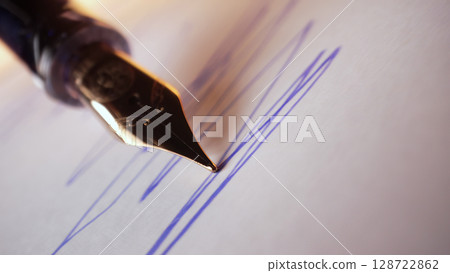 Pov - Macro Of Elegant Fountain Pen Drawing Swirls, Blue Ink Flow, Nib Texture Pov - Macro Of Elegant Fountain Pen Drawing Swirls, Blue Ink Flow, Nib Texture 128722862