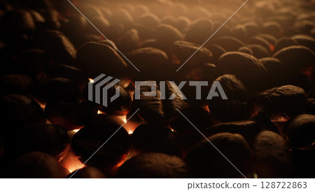 Macro View Of Aromatic Roasted Coffee Beans. Textured Surface. Rich Aroma. Macro View Of Aromatic Roasted Coffee Beans. Textured Surface. Rich Aroma. 128722863