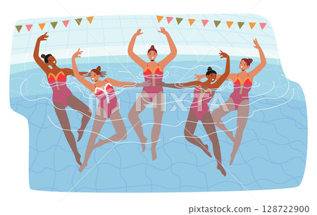 Attractive female aqua gymnasts team performing synchronized swimming in pool cartoon scene 128722900
