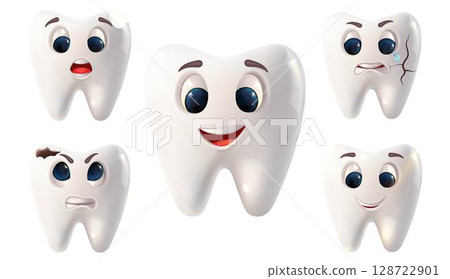 Expressive 3D characters - teeth created for engaging and effective dental education, teeth with different emotions Expressive 3D characters - teeth created for engaging and effective dental education, teeth with different emotions 128722901
