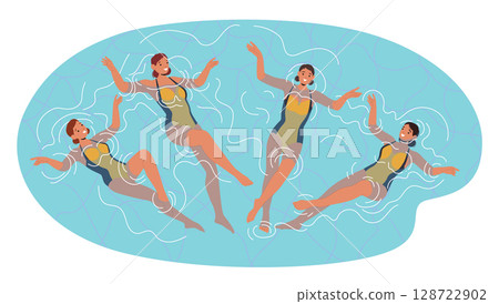 Beautiful women synchro swimmers crew performing synchronized dance in water pool cartoon scene 128722902