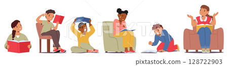 Set of diverse children cartoon characters having problem with reading and struggling with learning Set of diverse children cartoon characters having problem with reading and struggling with learning 128722903