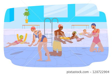 Men and women coach giving personal lesson for young swimmers teaching kids to swim in pool 128722904