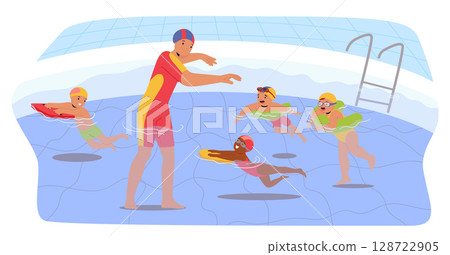 Coach teaching little preschool children swimming with special equipment in water pool cartoon scene Coach teaching little preschool children swimming with special equipment in water pool cartoon scene 128722905