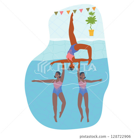 Synchro swimmers team in swimwear making aerobic trick underwater performing in swimming pool Synchro swimmers team in swimwear making aerobic trick underwater performing in swimming pool 128722906