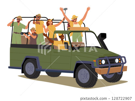People tourists enjoying african safari tour adventure diving car isolated on white background People tourists enjoying african safari tour adventure diving car isolated on white background 128722907
