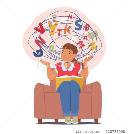 Sad dyslexic girl child got confused in chaos of book letters having difficulties in reading 128722908