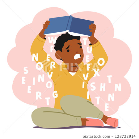 Angry frustrated preschool boy cartoon character with dyslexia having problem with learning Angry frustrated preschool boy cartoon character with dyslexia having problem with learning 128722914