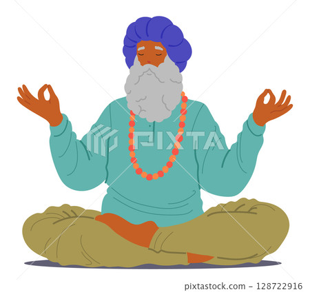 Old grey-haired wise bearded guru teacher meditating singing mantra isolated on white background Old grey-haired wise bearded guru teacher meditating singing mantra isolated on white background 128722916